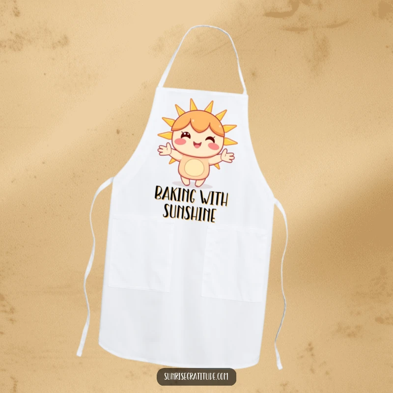 Funny apron showcasing a happy character holding hands with sunbeams, perfect for adding cheer to cooking.