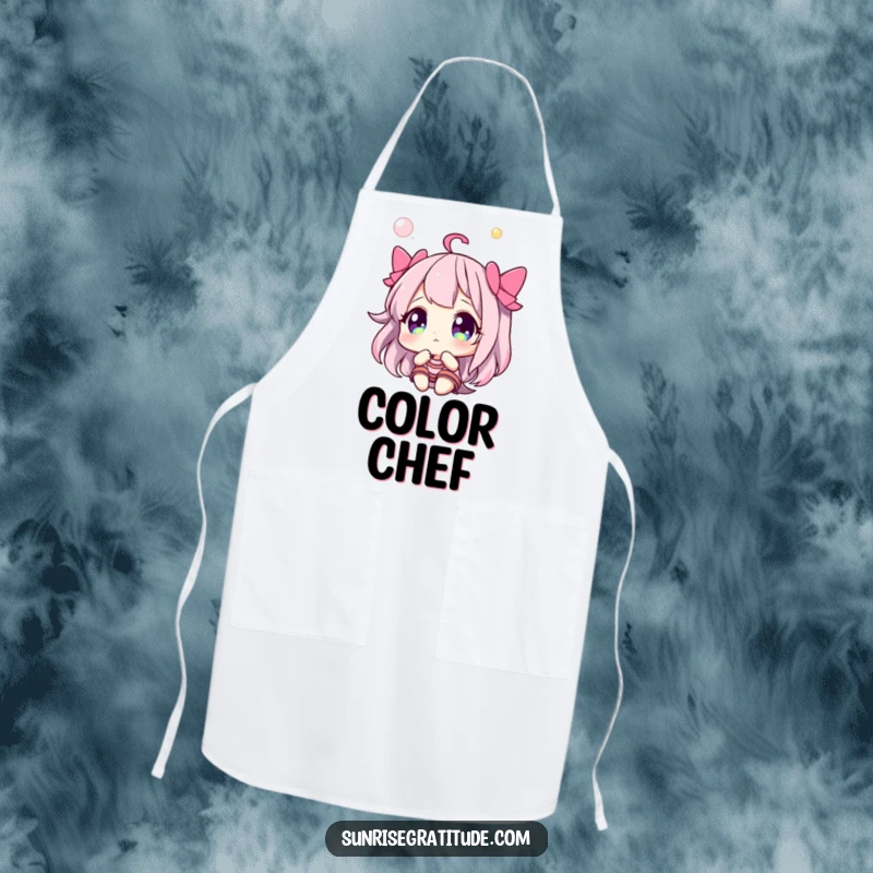 Funny apron with a character looking up in wonder at a colorful sky, perfect for adding awe to kitchen tasks.