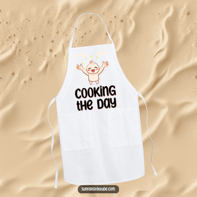 Funny apron, character with open arms welcoming the sunrise, cooking with a smile, kitchen fun, practical and whimsical, great funny gift.