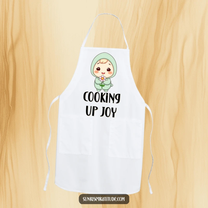 Funny apron featuring a joyful character with a bright smile, holding a tiny blooming flower, perfect for aspiring gardeners and chefs.