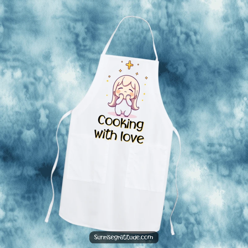 Funny Apron: A thankful character bowing its head toward the sky while cooking during sunrise.