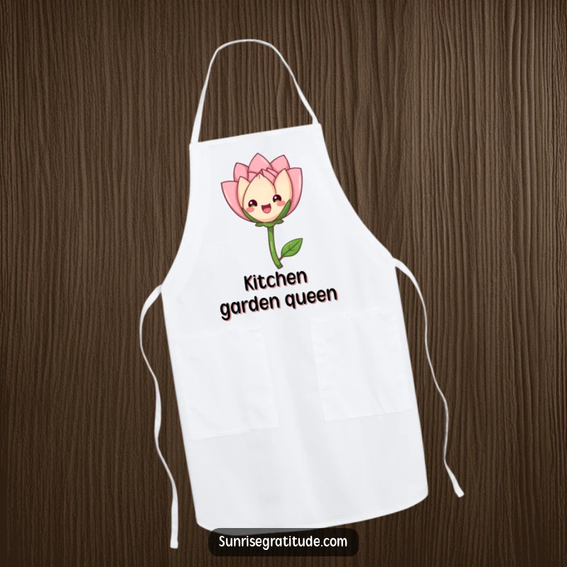 Funny delighted flower bud apron, unfurling petals gracefully, adding elegance to kitchen tasks. A humorous accessory.