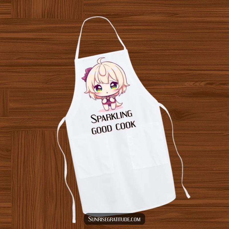 Funny apron, character with sparkling eyes during sunrise, dazzling kitchen style, vibrant cooking, practical and cheerful, great funny gift.