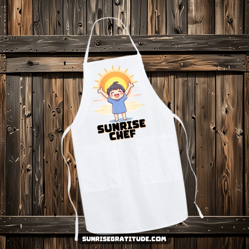 Funny apron with a character joyfully stretching towards a colorful sunrise, perfect for adding optimism to kitchen tasks.