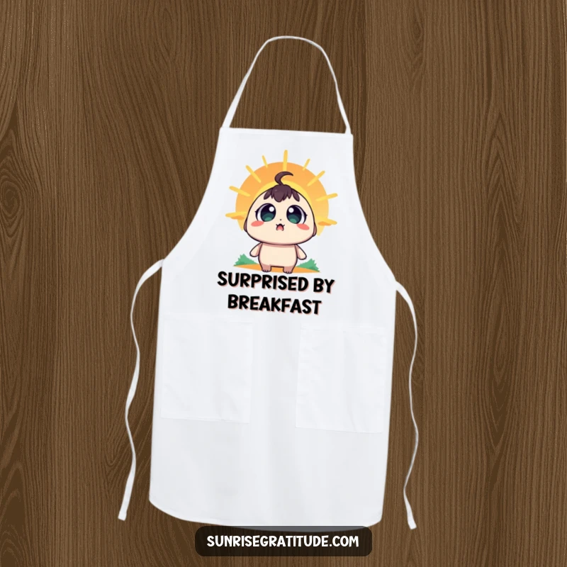 Funny Apron: A character with wide, amazed eyes watching the sunrise while cooking.