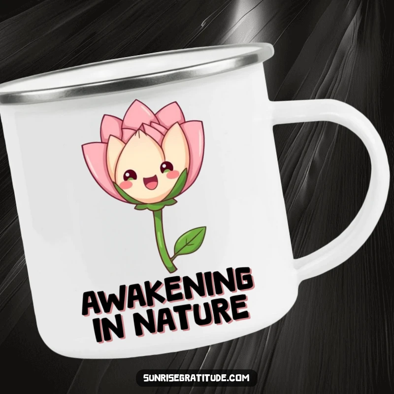 Funny delighted flower bud camping mug, unfurling petals gracefully, durable and elegant for outdoor use. A humorous choice.