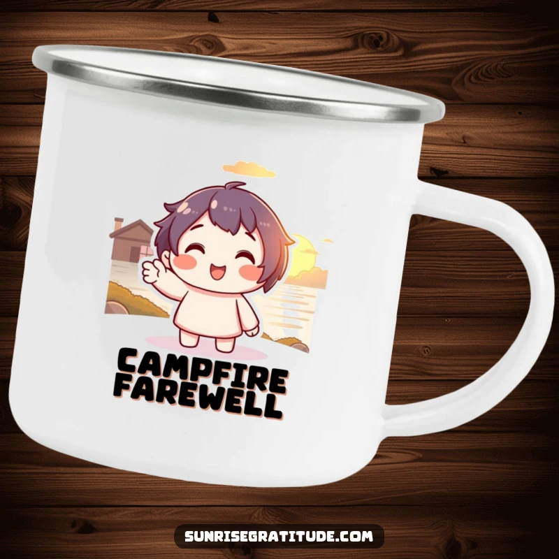 Funny Sunset Camp Mug: Smiling character waving to a warm sunset, an adventurous and humorous funny gift.