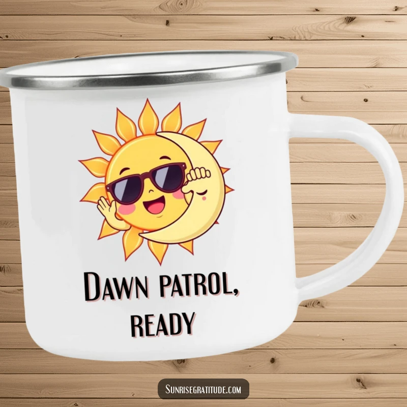 Funny sun in sunglasses high-fiving sleepy moon, a durable and humorous camping mug.
