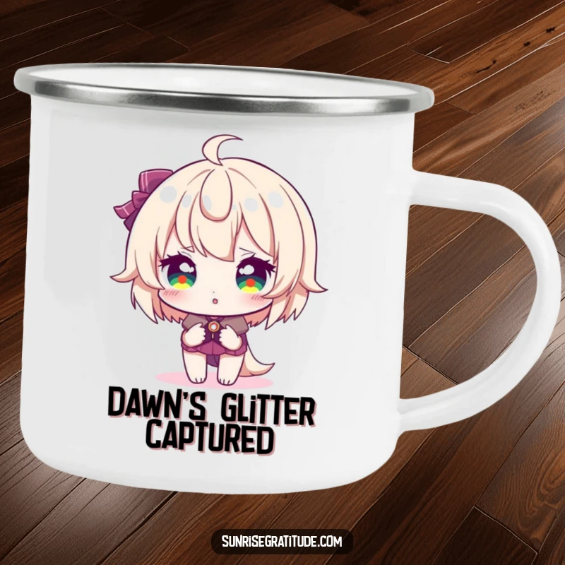 Funny camping mug, character with sparkling eyes during sunrise, outdoor dazzle, morning adventure, durable and bright, ideal funny gift.