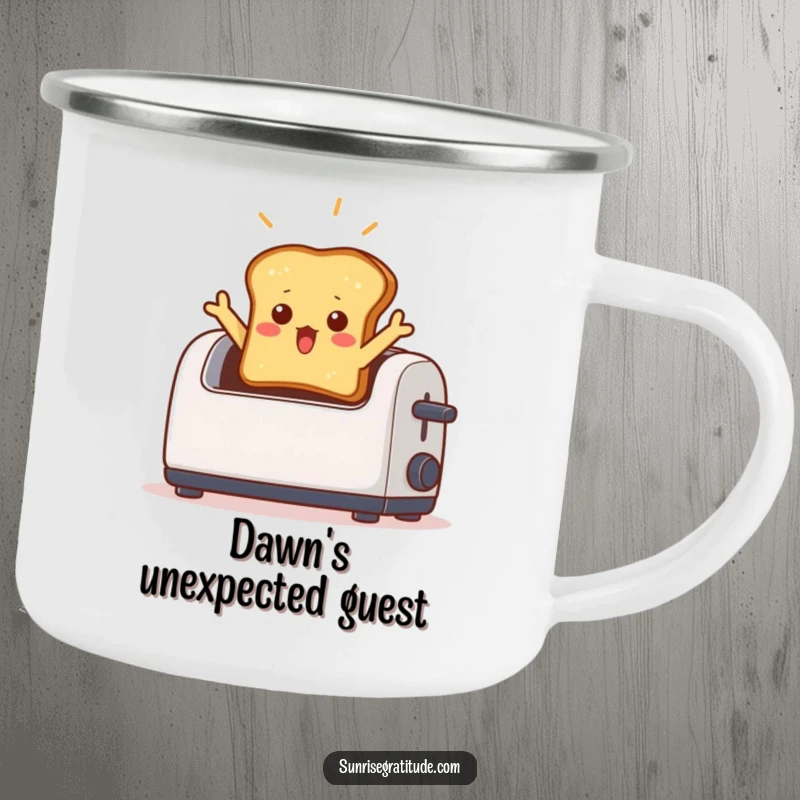 Funny camping mug with a shocked toast jumping from a toaster and a light beam, ideal for outdoor use.