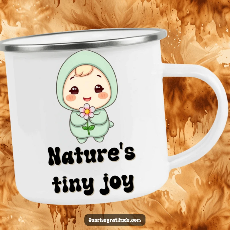 Funny enamel camping mug with a gleeful character holding a blooming flower, celebrating nature with a bright, smiling design.