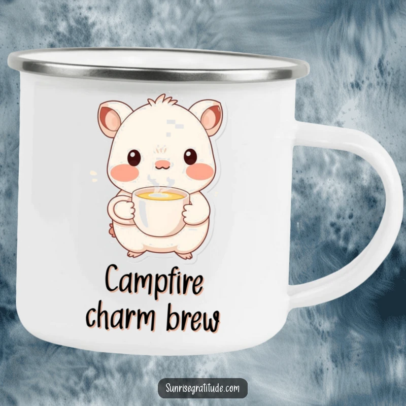 Funny whimsical creature camping mug offering a steaming cup, perfect for outdoor warm humor.