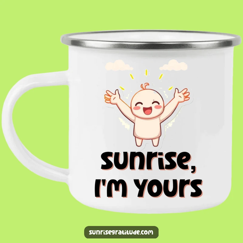 Funny Embrace New Day Camping Mug: Outdoor Character Welcoming Morning, Adventure Funny Gift