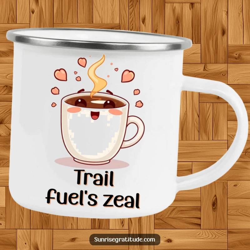 Funny camping mug with an enthusiastic coffee cup steaming with morning energy, perfect for outdoor enthusiasts.