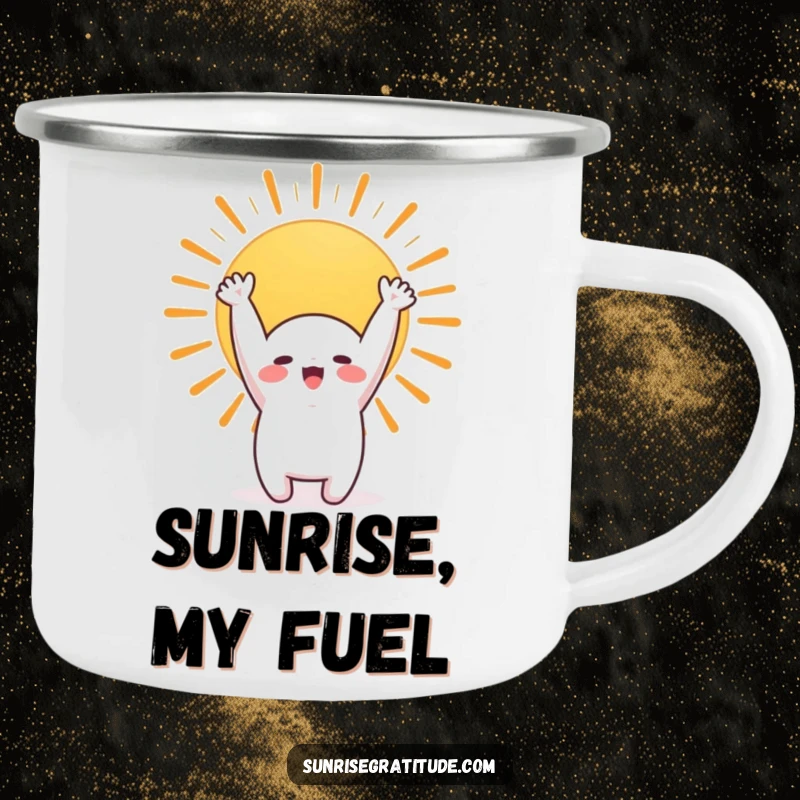 Funny camping mug showing a cute character stretching towards a sunrise, perfect for outdoor enthusiasts and humor.