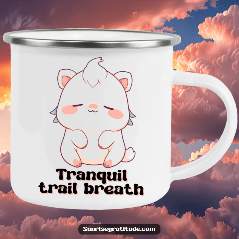 Funny cute creature camping mug smiling and breathing peacefully, perfect for outdoor calm humor.
