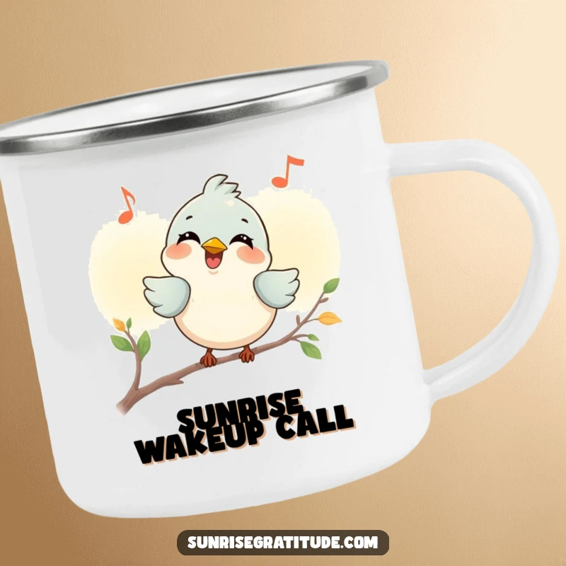 Funny smiling bird camping mug, chirping a joyful tune at dawn, durable and cheerful for outdoor use. A humorous choice.