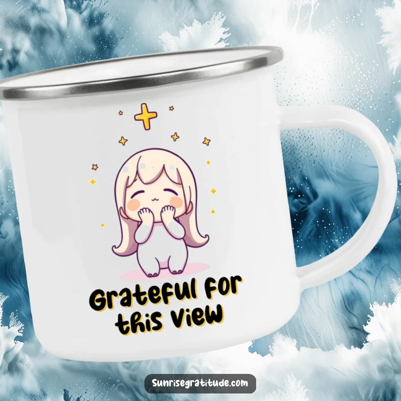 Funny Camping Mug: A character bowing its head in thankfulness to the sunrise, ready for adventure.