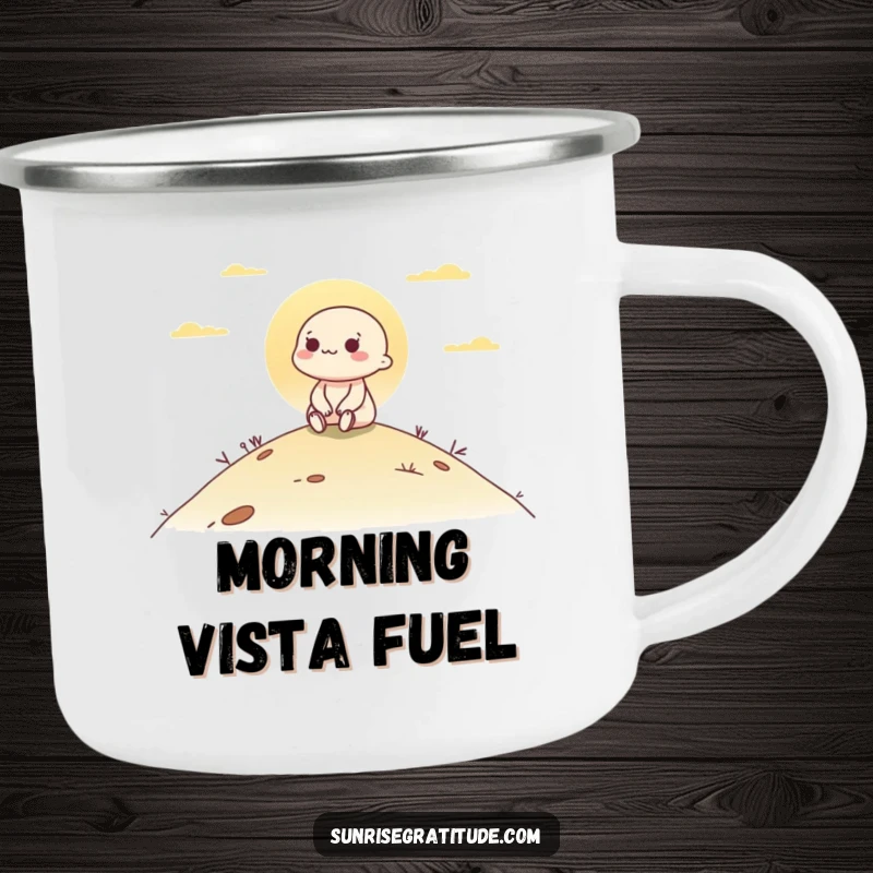 Funny camping mug featuring a character enjoying the dawn from a hilltop, ideal for outdoor enthusiasts and peaceful mornings.