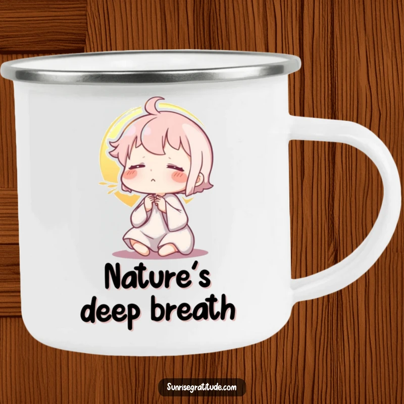 Funny camping mug, character exhaling during sunrise, outdoor zen, morning tranquility, durable and peaceful, ideal funny gift.