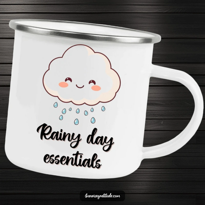 Funny happy cloud camping mug, raining sparkling dew, perfect for outdoor beverages. A humorous and durable choice.