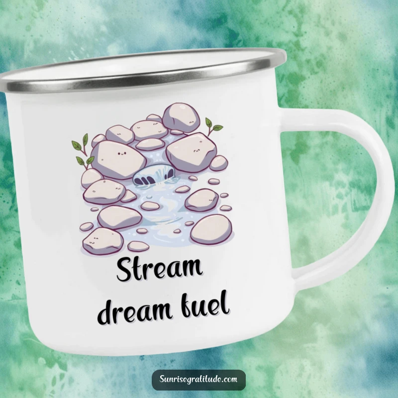 Funny Stream Camping Mug: A happy little stream bubbles over stones, perfect for enjoying beverages outdoors with natural charm.