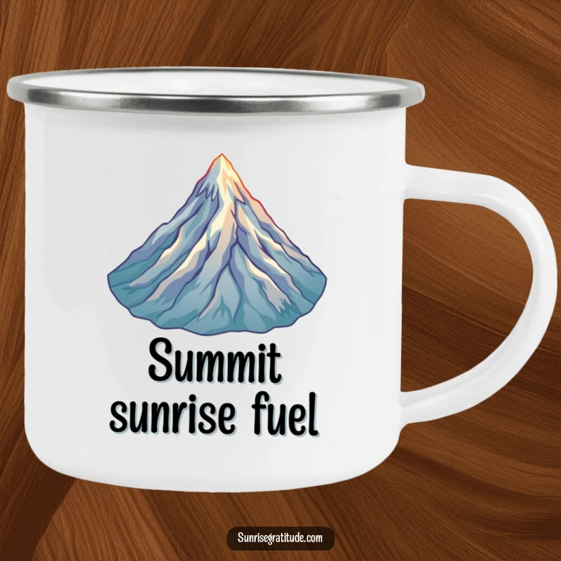 Funny Mountain Peak Camping Mug: A joyful mountain peak bathed in sunrise, perfect for enjoying hot drinks outdoors.