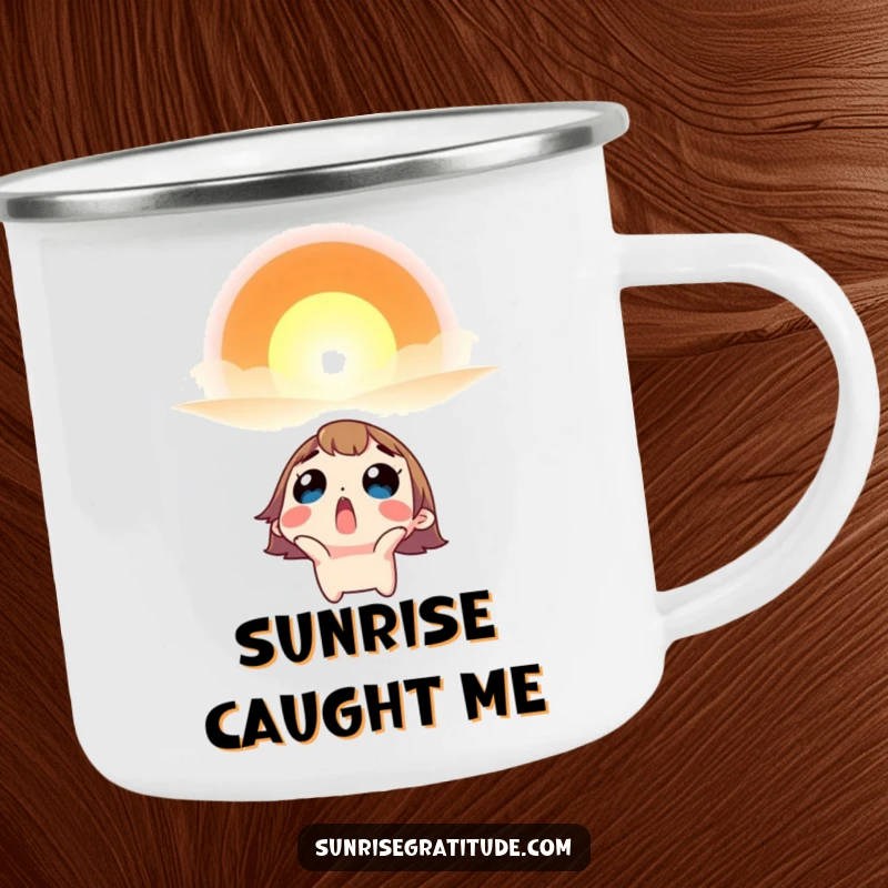 Funny camping mug with a surprised character looking up in awe at a vibrant sunrise.