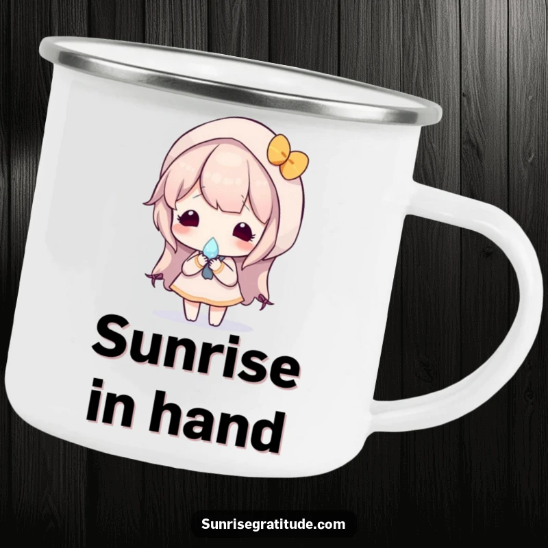 Artistic camping mug featuring a character holding a dewdrop that reflects a vibrant sunrise, perfect for enjoying the outdoors.