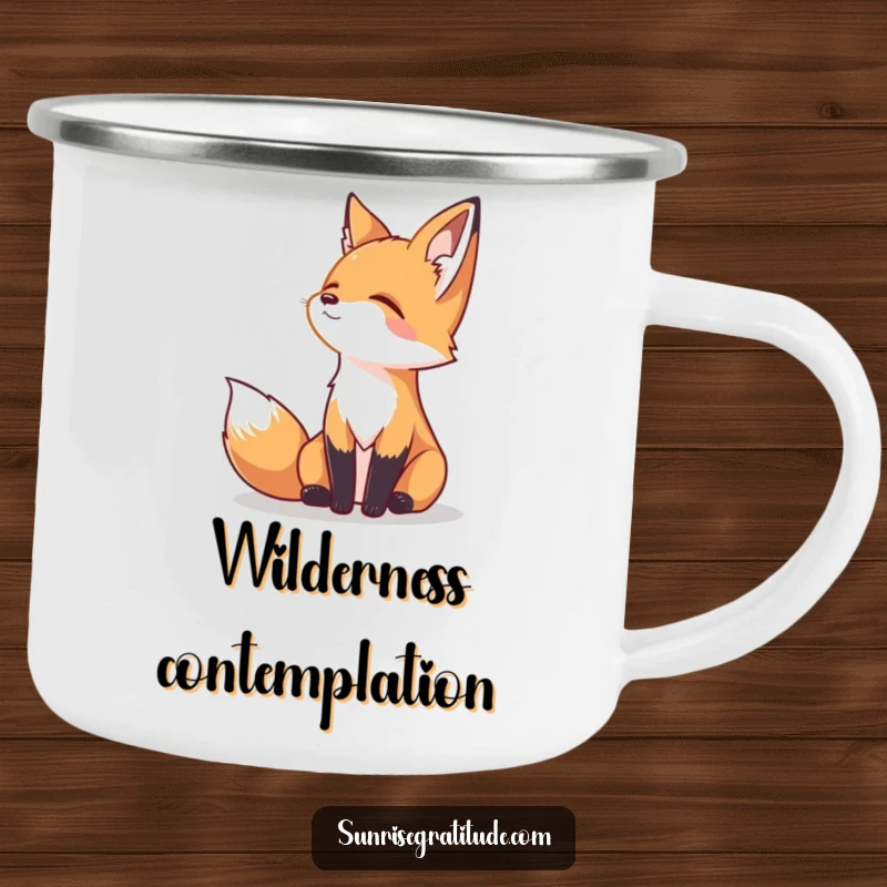 Funny enamel camping mug featuring a serene fox gazing peacefully at the horizon, built for adventure and humor.