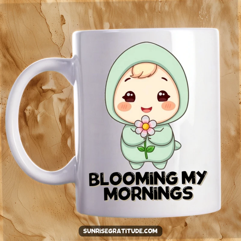 Funny mug featuring a gleeful character with a wide smile, gently holding a small, vibrant blooming flower, symbolizing happiness and growth.