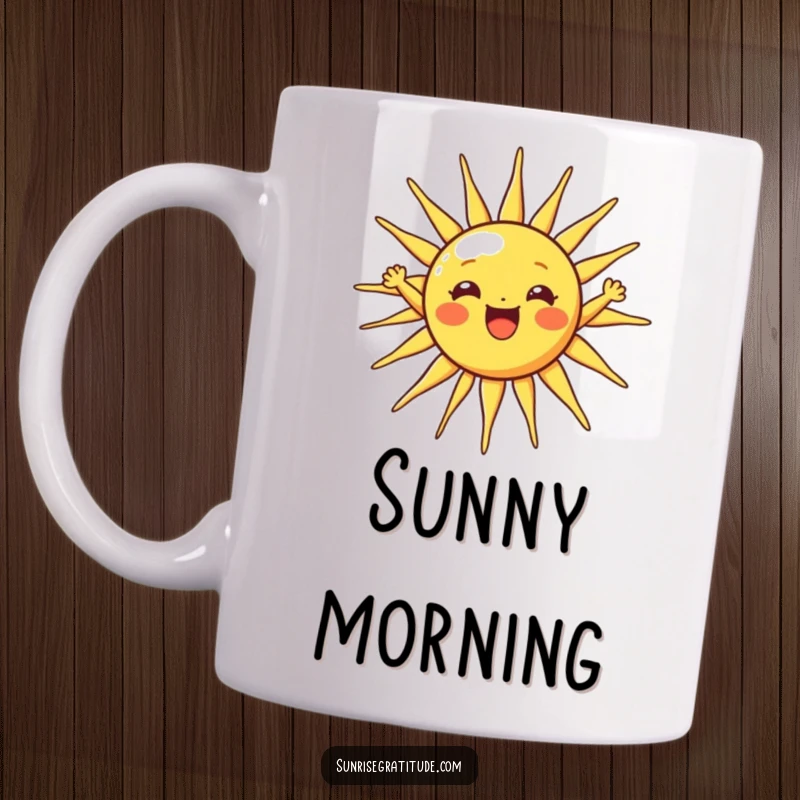 Funny cheerful sun mug with a smiling sun character stretching its rays wide, perfect for a bright start.
