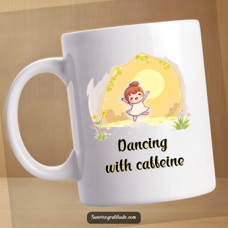 Funny mug featuring a playful character joyfully dancing with the first golden rays of sunlight, full of energy and happiness.