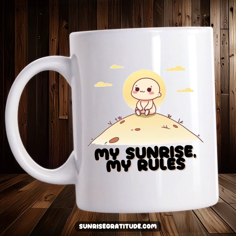 Funny mug with a happy character sitting on a hill, peacefully watching the beautiful dawn unfold, conveying serenity and joy.