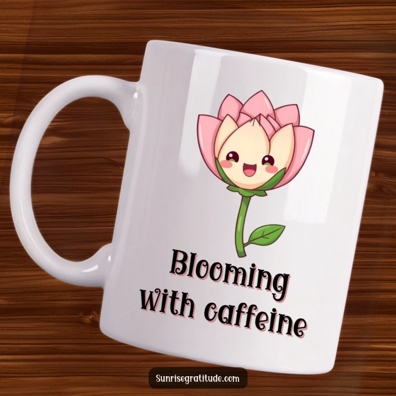 Funny delighted flower bud mug, unfurling petals gracefully, symbolizing beauty and new beginnings. A charming and humorous gift.