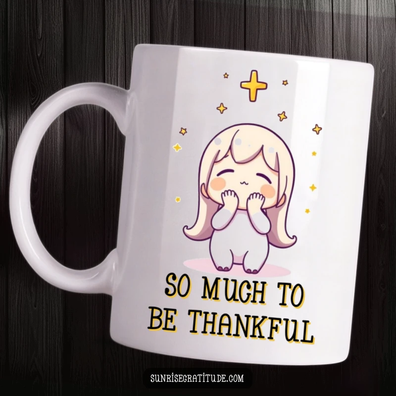Funny Mug: A character bowing its head in sincere thankfulness towards the sky as the sun rises.