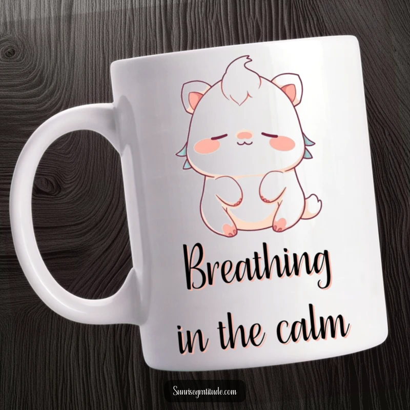 Funny cute creature mug with a gentle smile, breathing deeply and peacefully, perfect for calming humor.