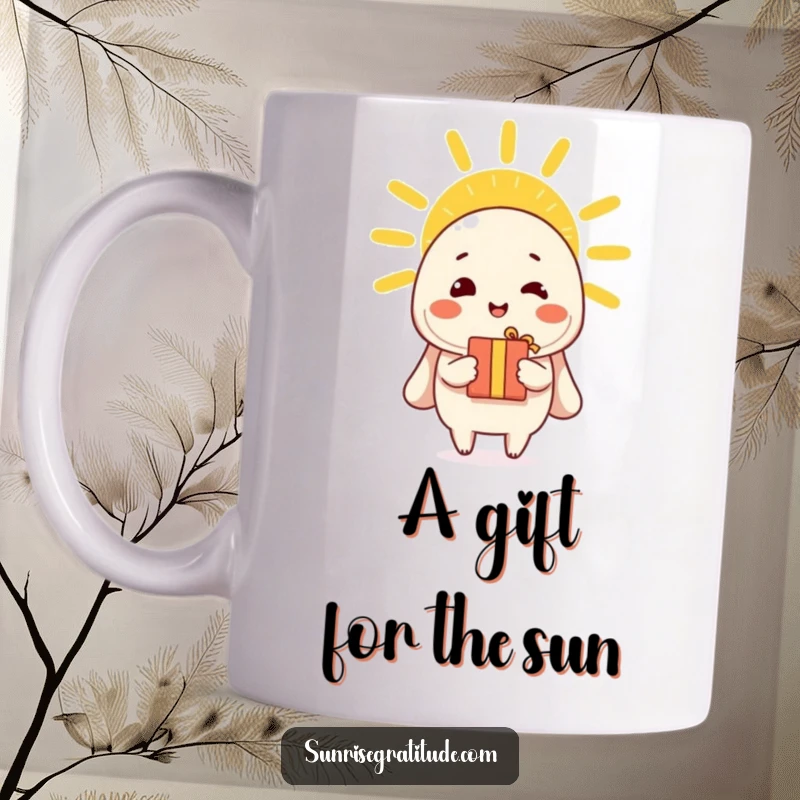 Funny mug featuring a cheerful character offering a small gift to a bright morning sun, showing appreciation.