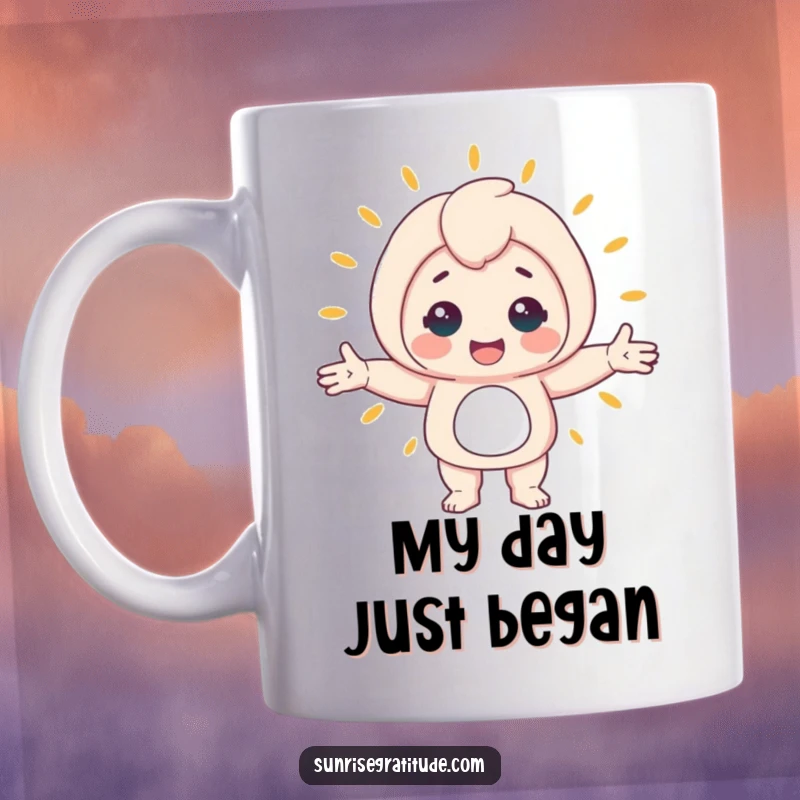 Funny mug with a cheerful character joyfully opening arms to embrace the rising sun and vibrant world, symbolizing hope and happiness.