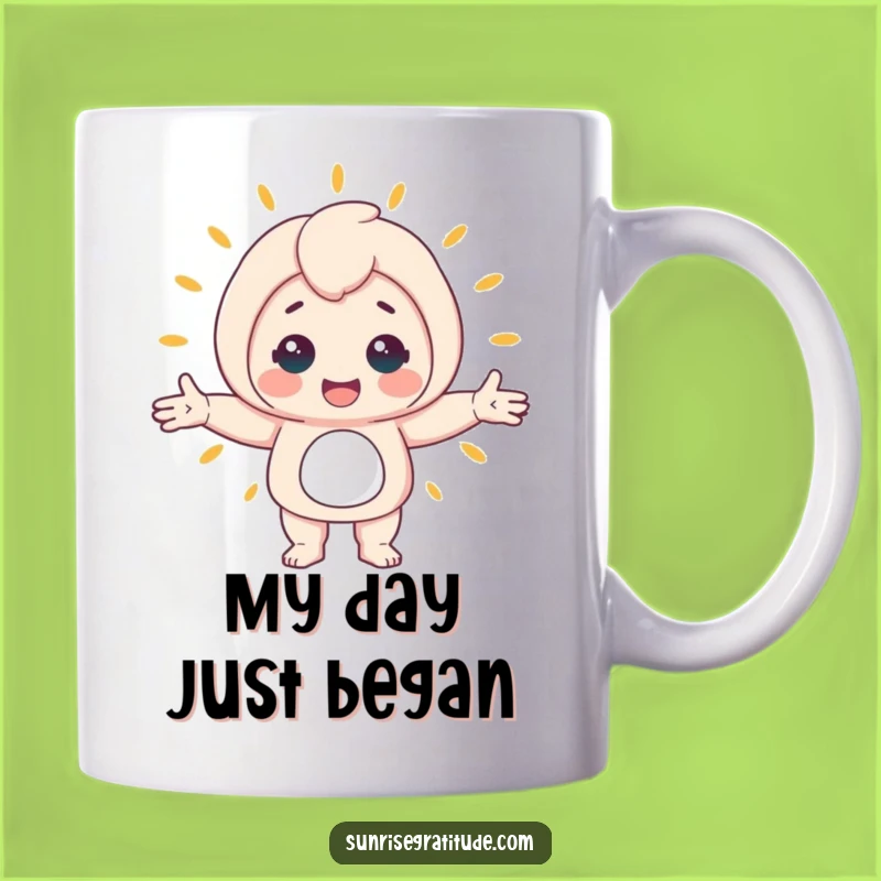 Funny Awakening World Mug: Cheerful Character Hugging Life, Perfect Funny Gift for Optimists