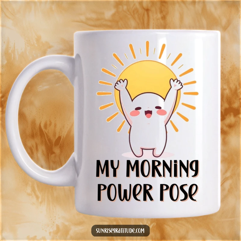 Funny mug featuring a cute character doing a big stretch towards a vibrant rising sun, embodying morning joy.