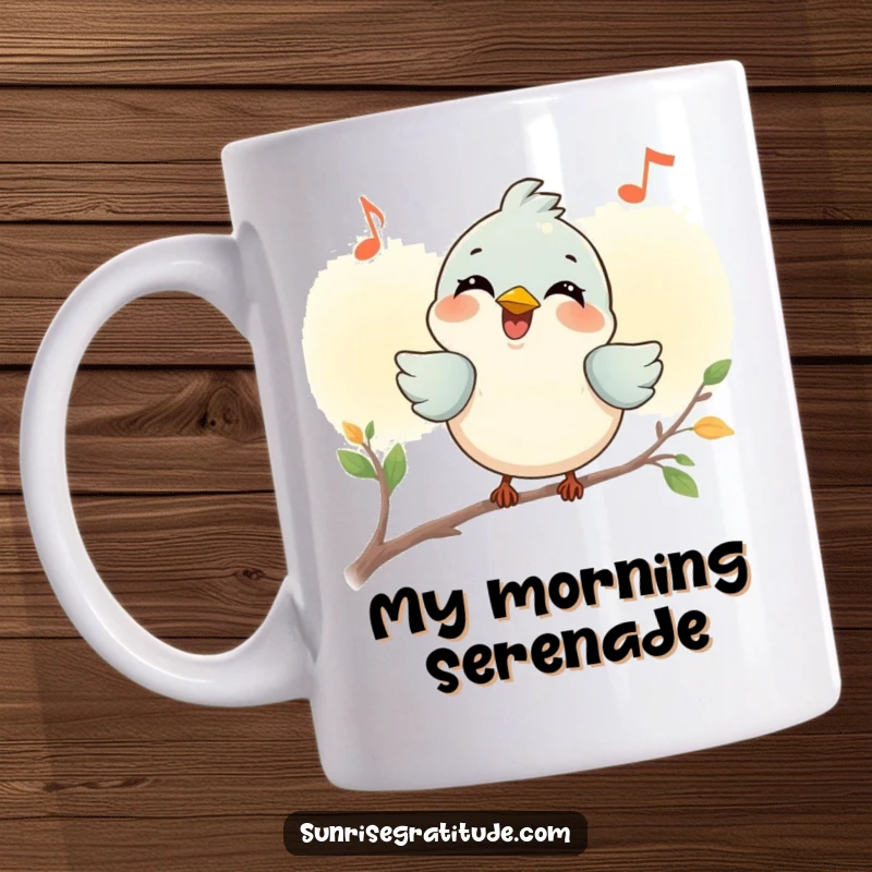 Funny smiling bird mug, chirping a joyful tune at dawn, bringing morning cheer. A delightful gift for bird lovers.