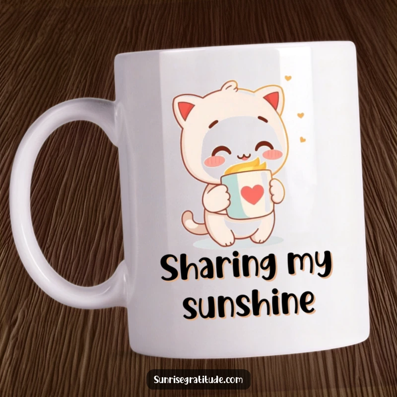 Funny mug showing a delighted character offering a steaming mug to the soft morning light, radiating warmth and happiness.