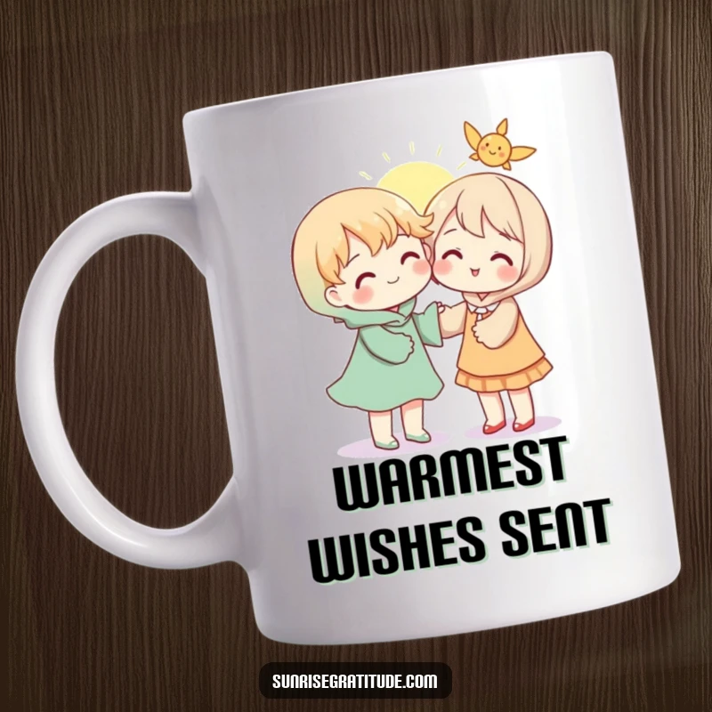 Heartwarming mug depicting a character generously sharing a bright ray of sunshine with another, symbolizing kindness and connection.