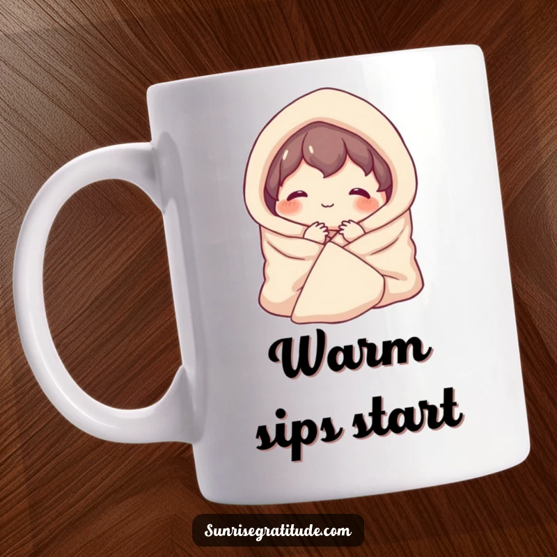 Funny mug showing a contented character smiling warmly while wrapped snugly in a cozy blanket, welcoming the new day.