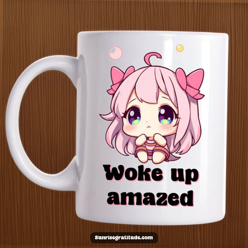 Funny mug showing a character with eyes wide in wonder, gazing up at a vast and vibrant, colorful sky.