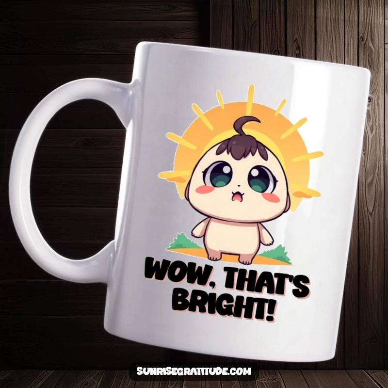 Funny Mug: Character looks on with wide, astonished eyes as the sun emerges from the horizon.