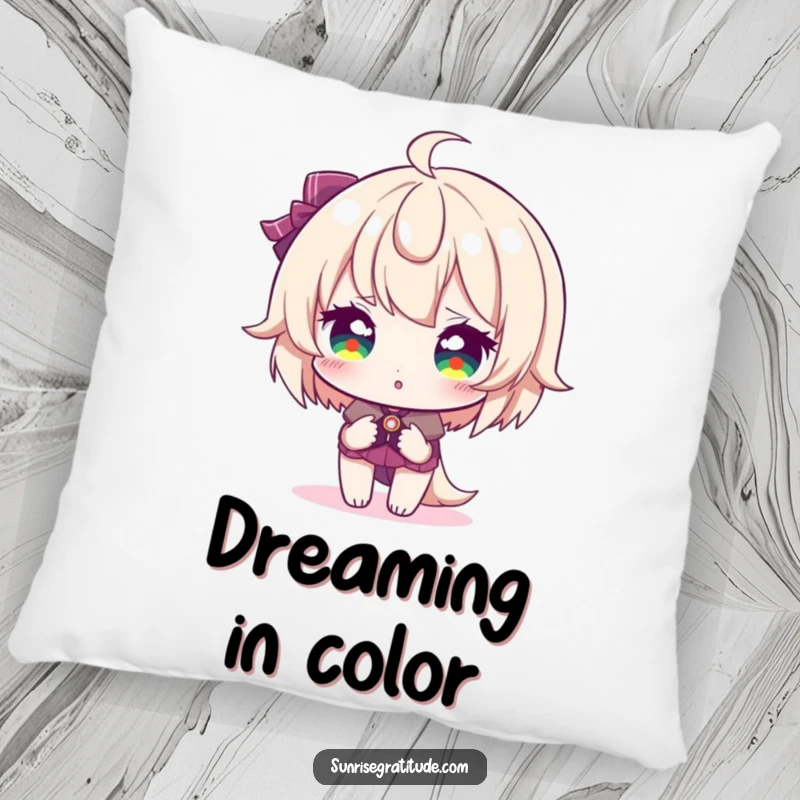 Funny pillow, character with eyes reflecting sunrise hues, soft comfort, dazzling morning, cozy ambiance, delightful funny gift.