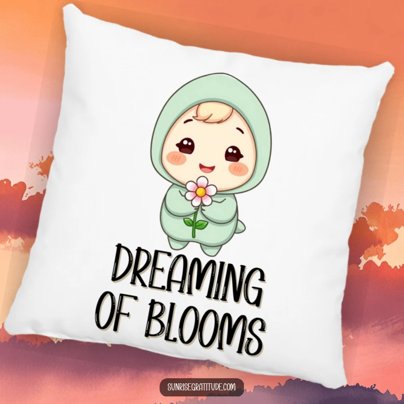 Funny pillow designed with a gleeful character beaming while holding a small, fresh blooming flower, offering comfort and cheer.