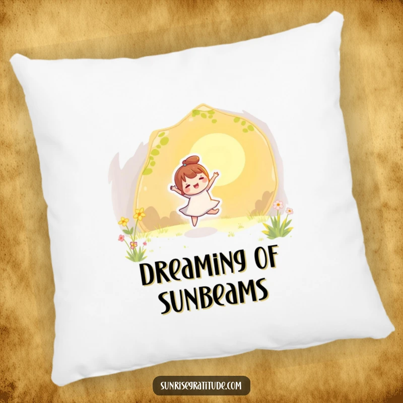 Funny pillow featuring a character joyfully dancing with the first golden rays of sunlight, bringing playful energy indoors.
